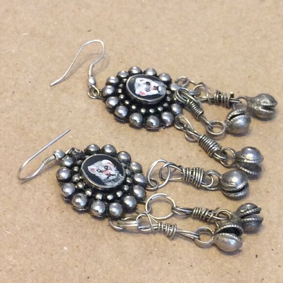 Ferret Earrings Handpainted Danglers Silvertone Metal Long Polecat Pet Artisan - Picture 7 of 12